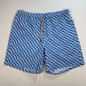 Fair Harbor 6" Lined Swim Shorts Mens L Blue Geometric Drawstring Pockets Trunks